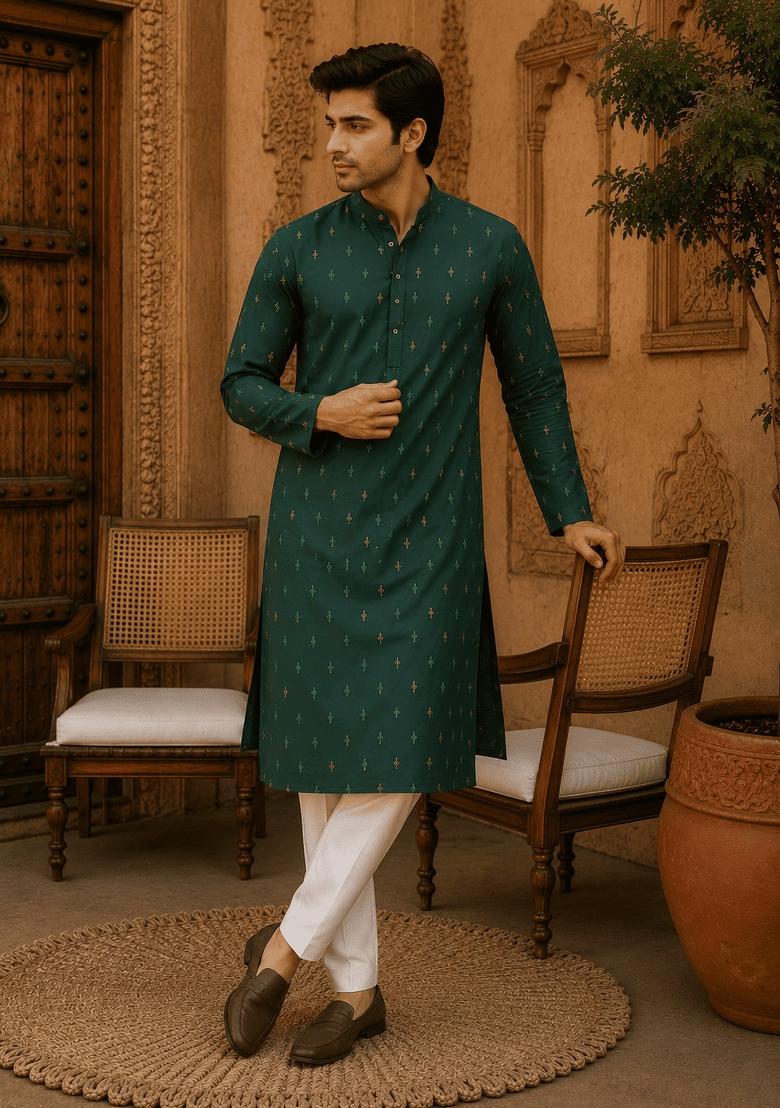 Green Printed Viscose Kurta For Men - Indya