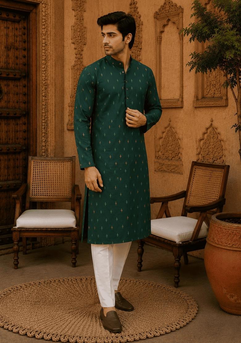 Green Printed Viscose Kurta For Men - Indya
