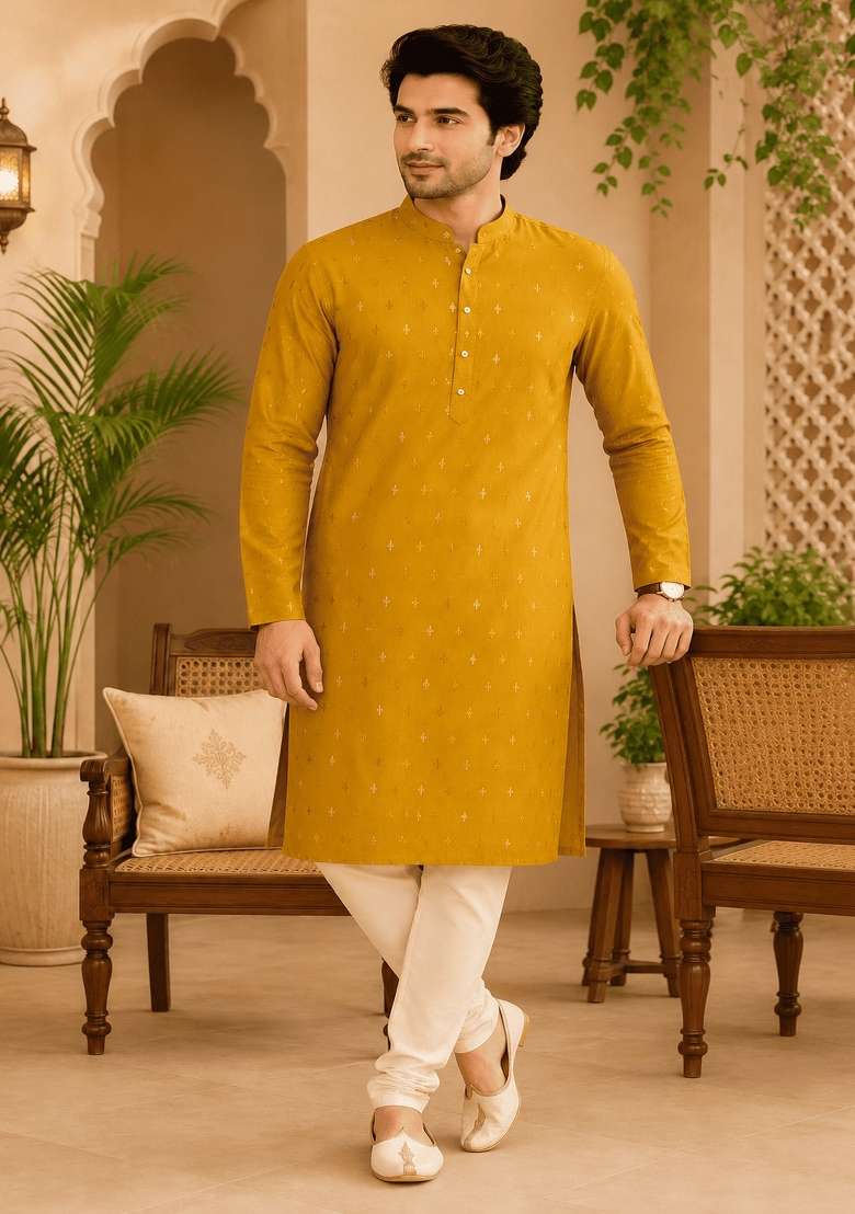 Yellow Printed Viscose Kurta For Men - Indya