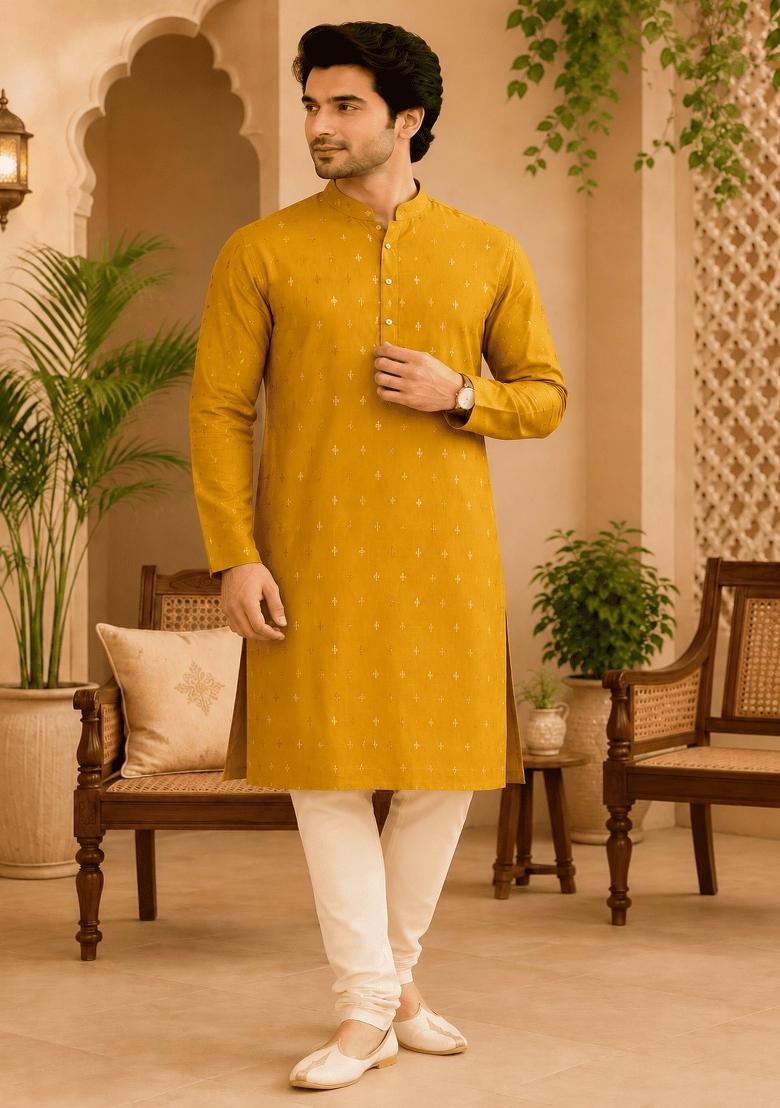 Yellow Printed Viscose Kurta For Men - Indya
