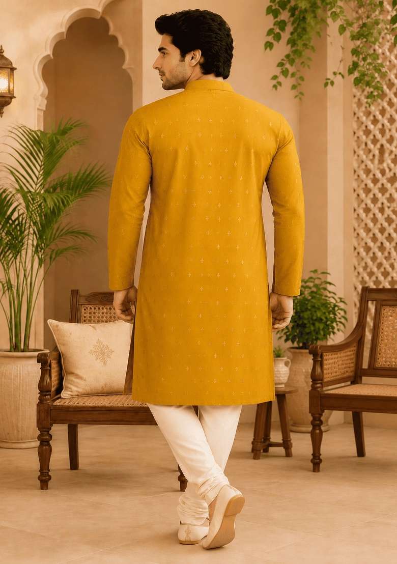 Yellow Printed Viscose Kurta For Men - Indya