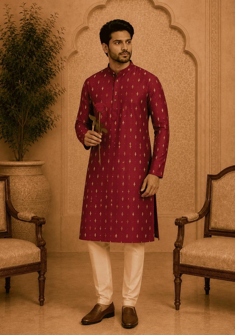 Maroon Printed Viscose Kurta For Men - Indya