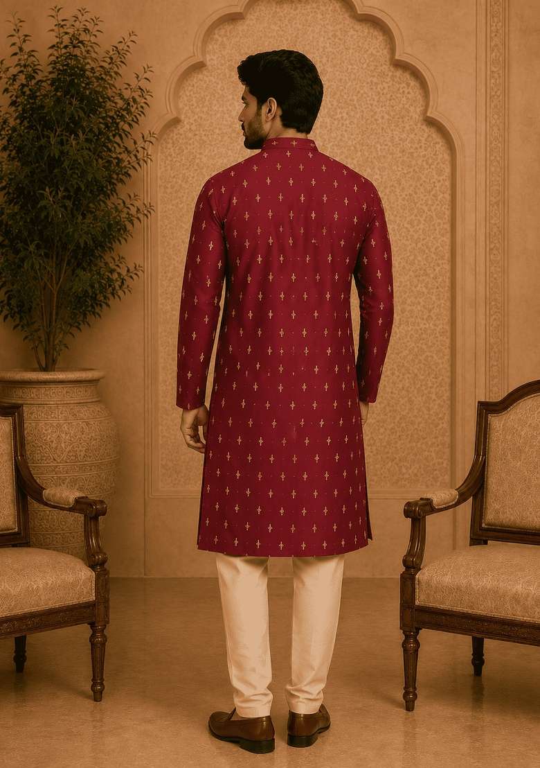 Maroon Printed Viscose Kurta For Men - Indya
