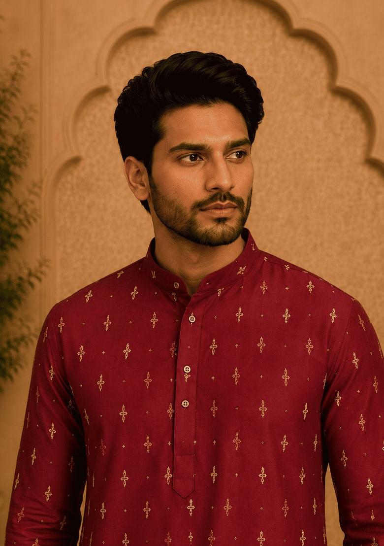 Maroon Printed Viscose Kurta For Men - Indya