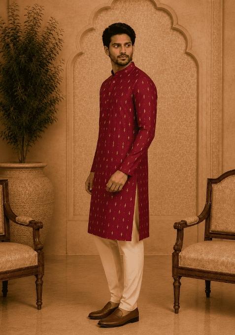 Maroon Printed Viscose Kurta For Men