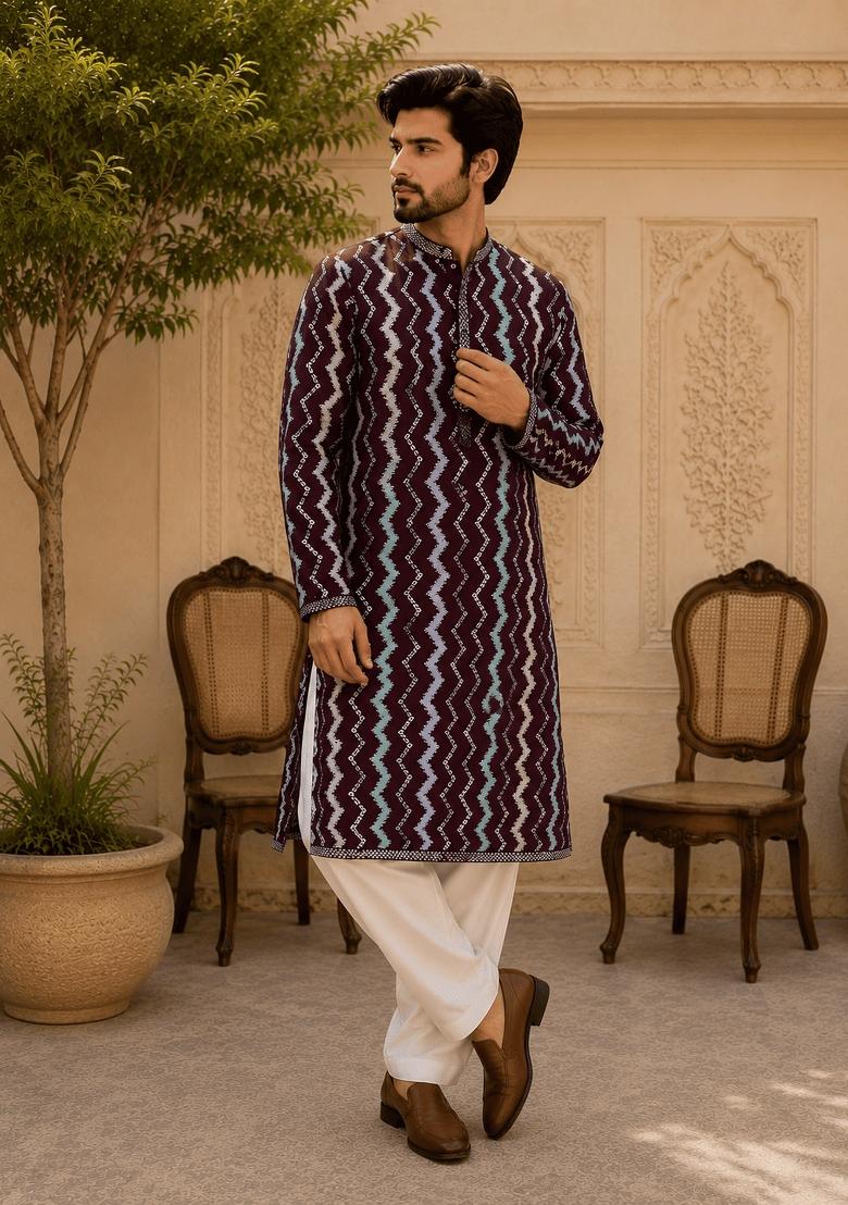 Multicolor Embroidery Viscose Kurta For Men - Indya