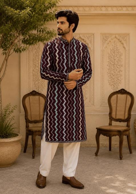 Multicolor Embroidery Viscose Kurta For Men