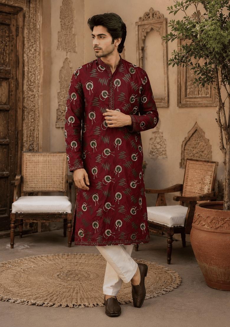Maroon Embroidery Viscose Kurta For Men - Indya