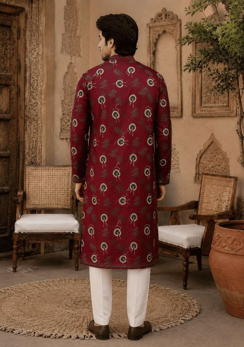 Maroon Embroidery Viscose Kurta For Men - Indya