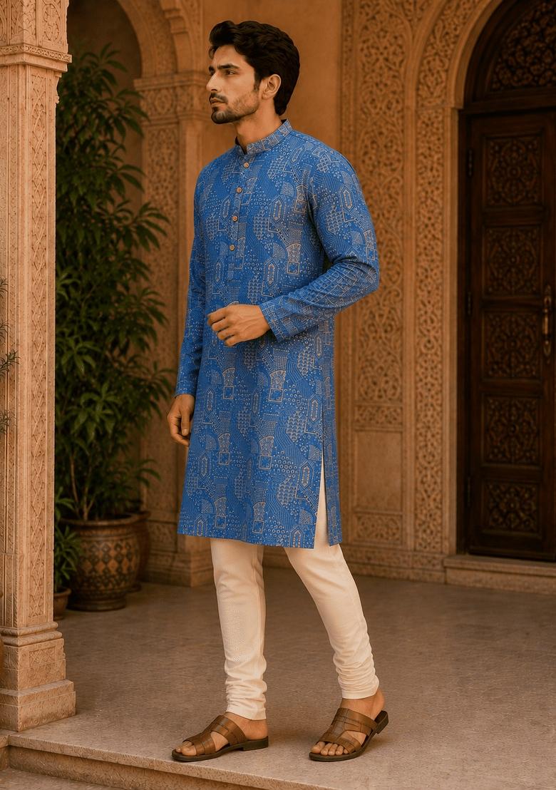 Blue Printed Viscose Kurta For Men - Indya