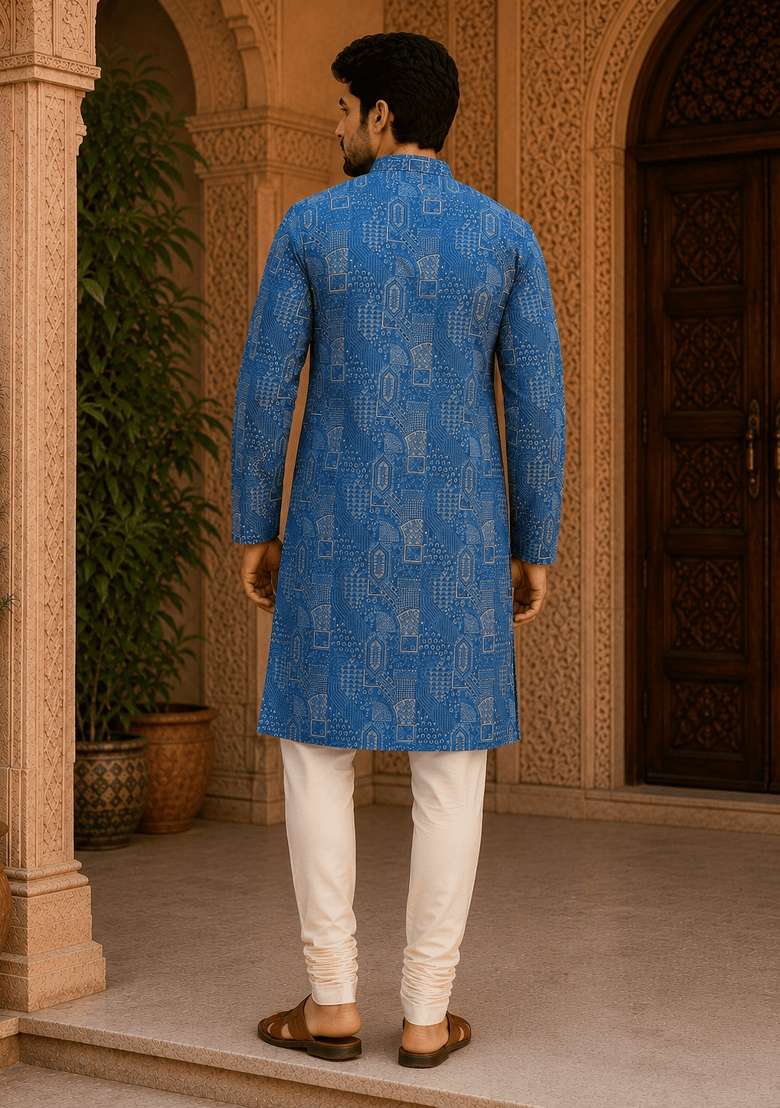 Blue Printed Viscose Kurta For Men - Indya