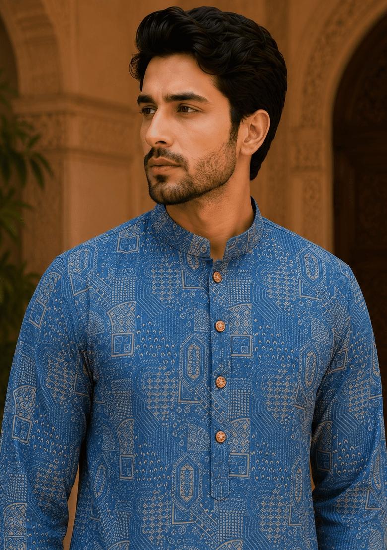 Blue Printed Viscose Kurta For Men - Indya
