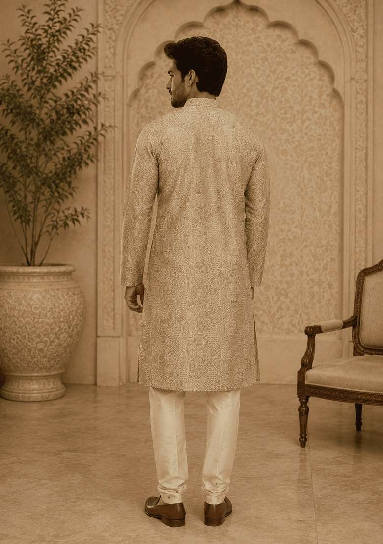 Light Green Printed Viscose Kurta For Men - Indya