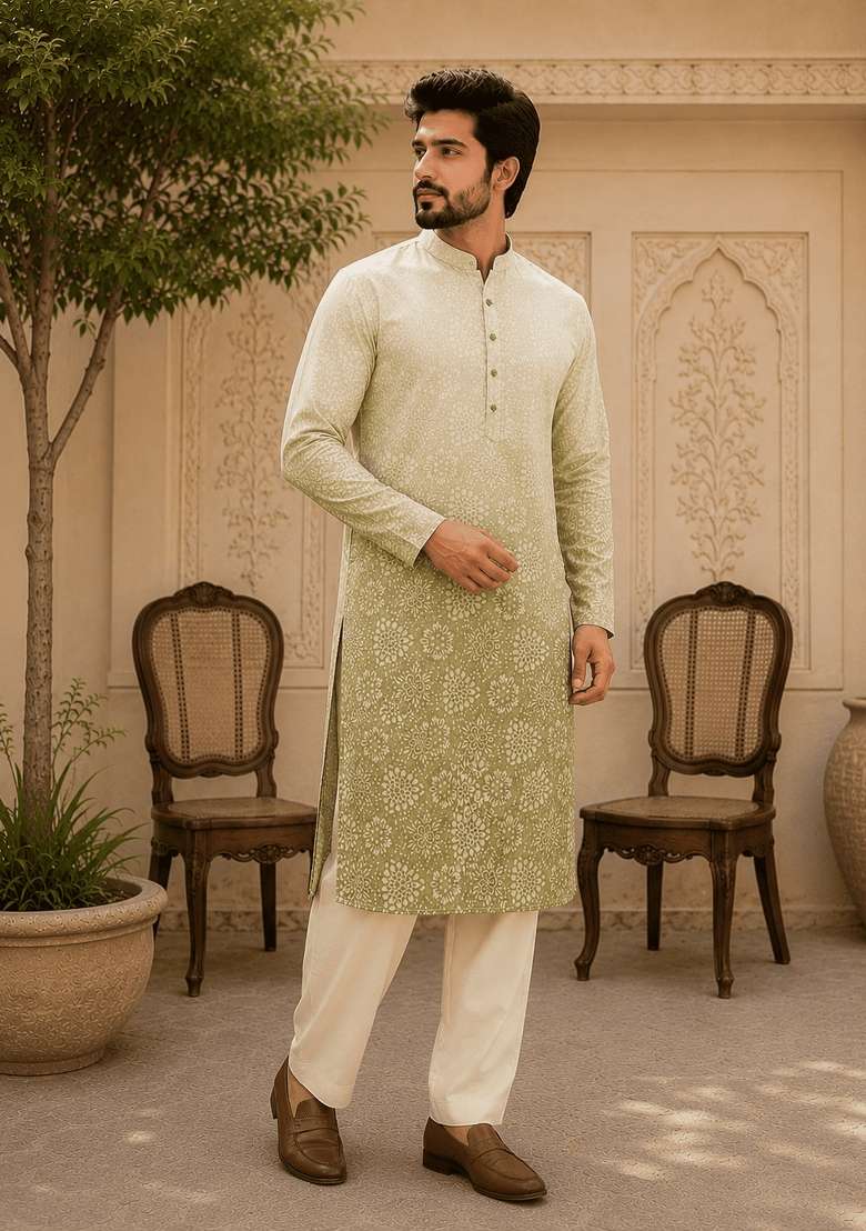 Sage Green Ombre Printed Viscose Kurta For Men - Indya