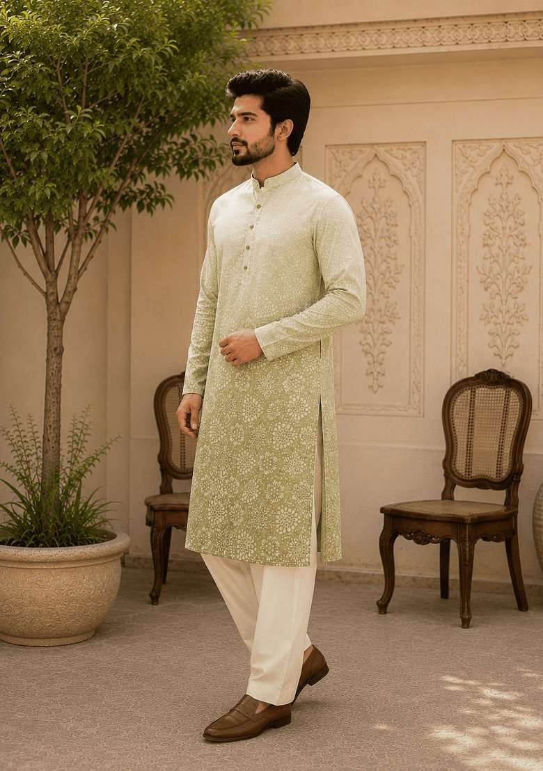 Sage Green Ombre Printed Viscose Kurta For Men - Indya