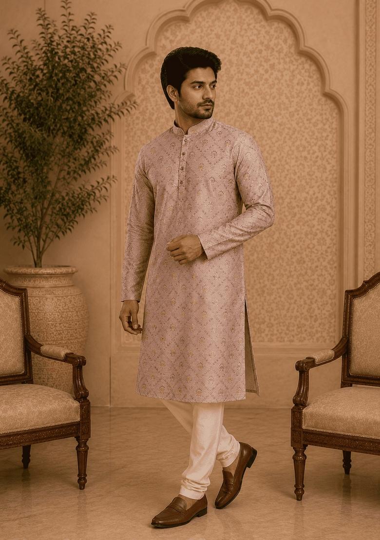 Peach Printed Viscose Kurta For Men - Indya