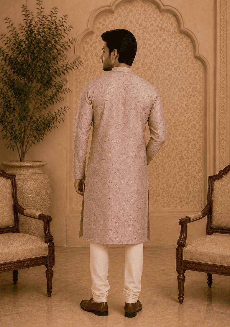 Peach Printed Viscose Kurta For Men - Indya