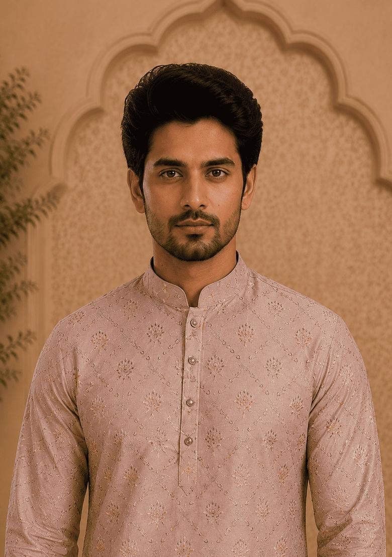 Peach Printed Viscose Kurta For Men - Indya