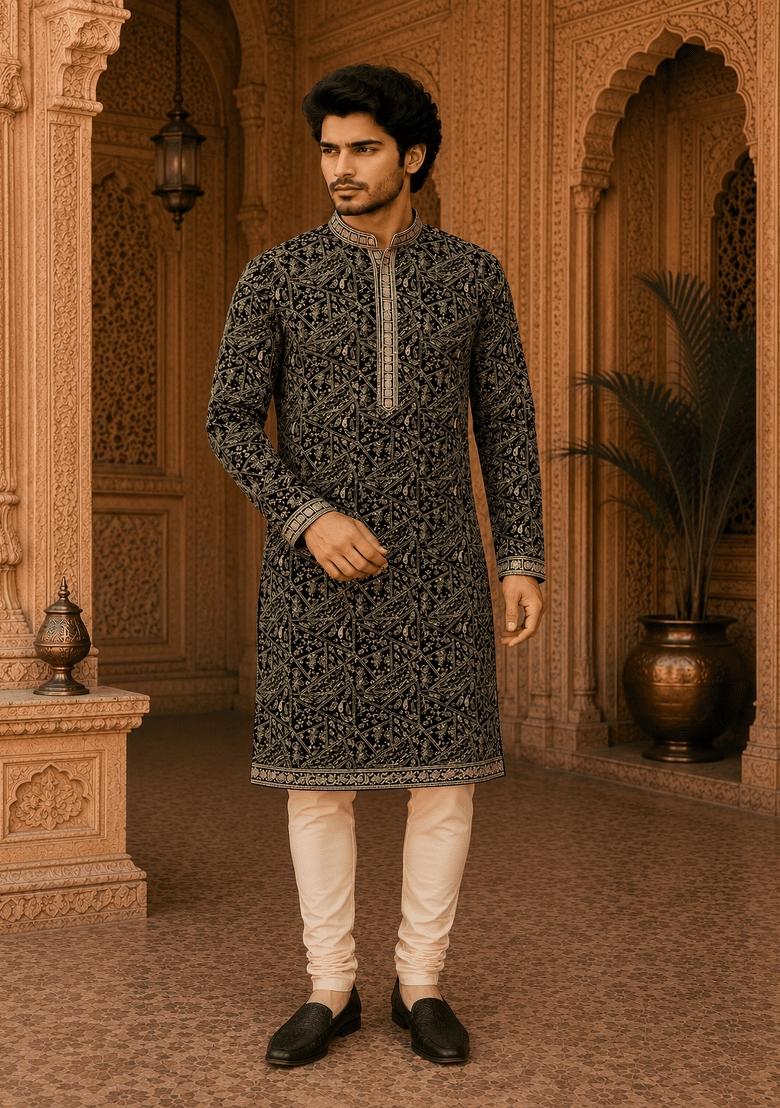 Black Embroidery Viscose Kurta For Men - Indya