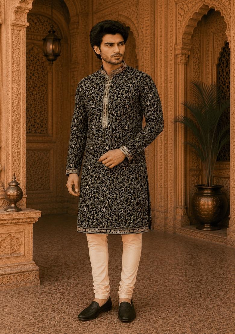 Black Embroidery Viscose Kurta For Men - Indya