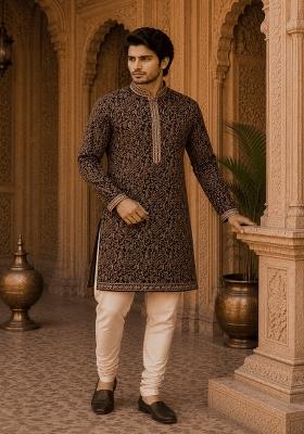 Royal Wine Embroidery Viscose Kurta For Men