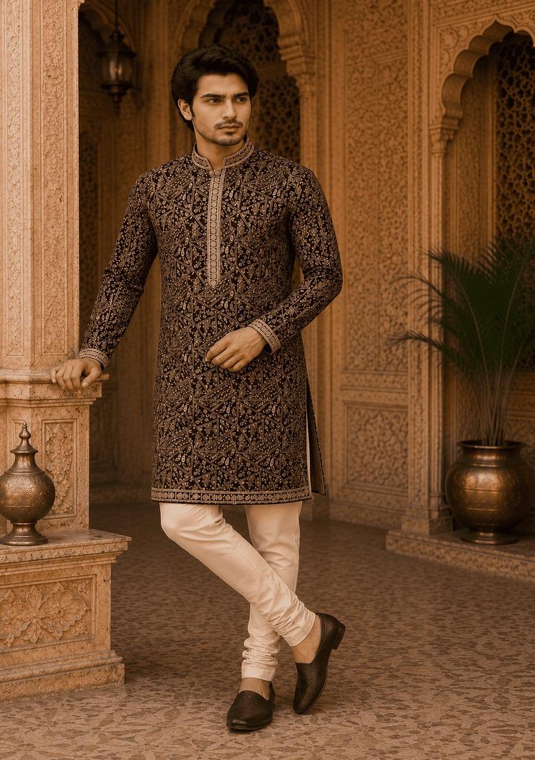 Royal Wine Embroidery Viscose Kurta For Men - Indya