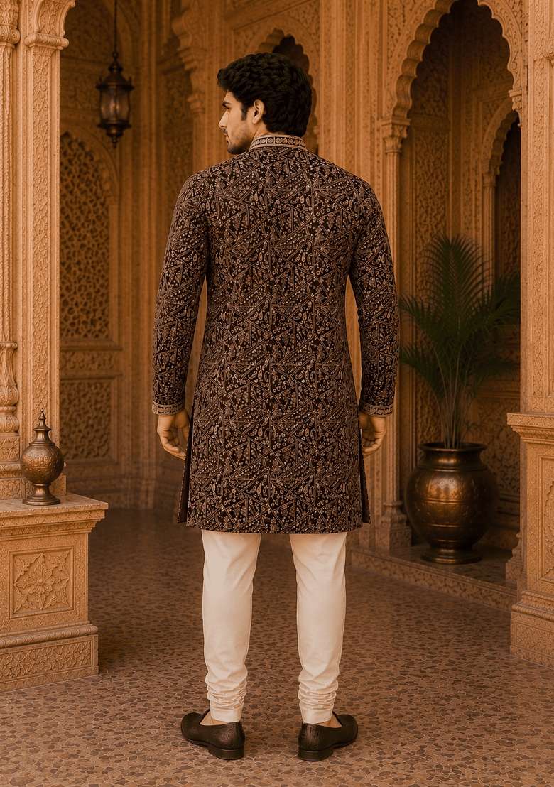 Royal Wine Embroidery Viscose Kurta For Men - Indya