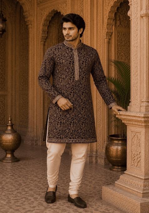 Royal Wine Embroidery Viscose Kurta For Men