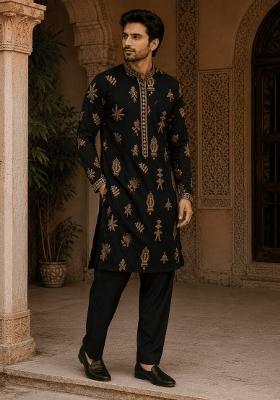 Midnight Black Embroidery Cotton Kurta For Men