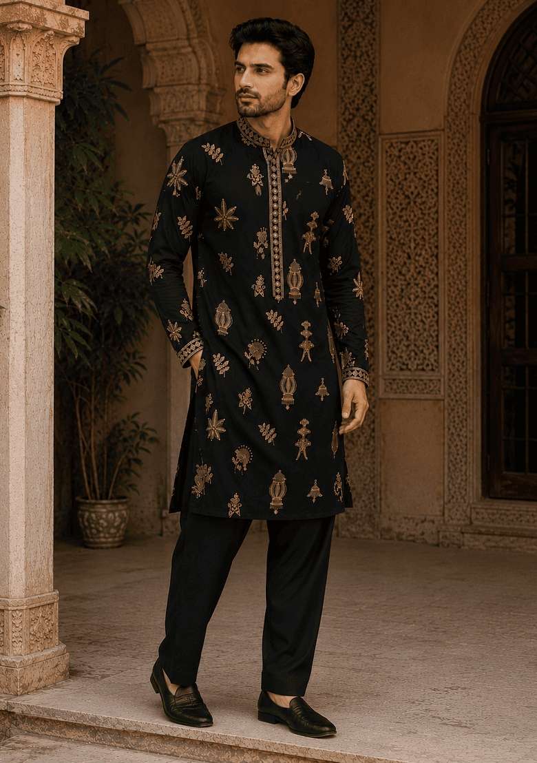 Midnight Black Embroidery Cotton Kurta For Men - Indya