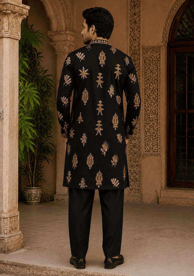 Midnight Black Embroidery Cotton Kurta For Men - Indya