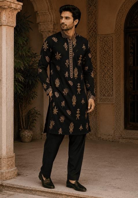 Midnight Black Embroidery Cotton Kurta For Men