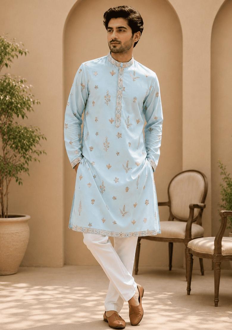 Sky Blue Embroidery Cotton Kurta For Men - Indya