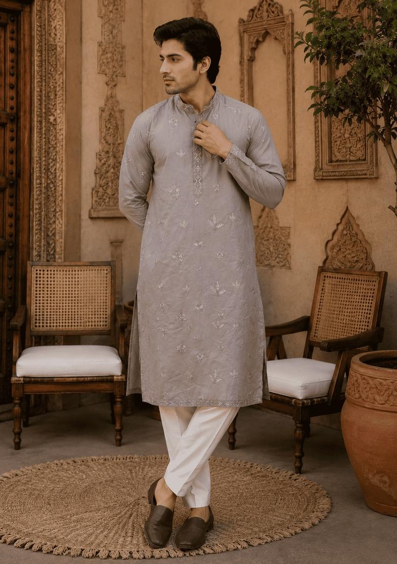 Light Grey Embroidery Viscose Kurta For Men - Indya