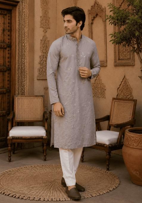 Light Grey Embroidery Viscose Kurta For Men