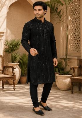 Black Embroidery Viscose Kurta For Men