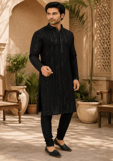 Black Embroidery Viscose Kurta For Men