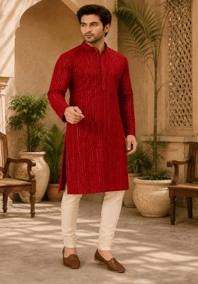 Red Embroidery Viscose Kurta For Men