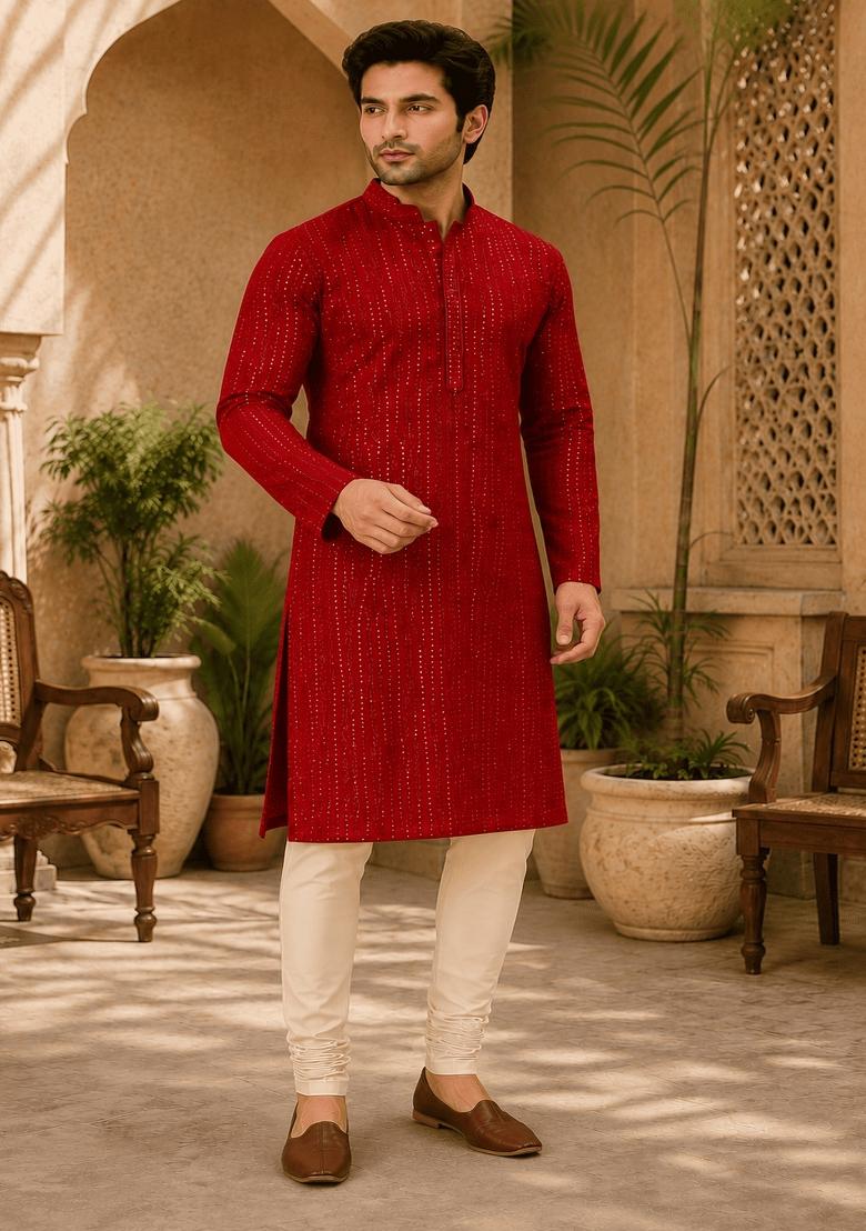 Red Embroidery Viscose Kurta For Men - Indya