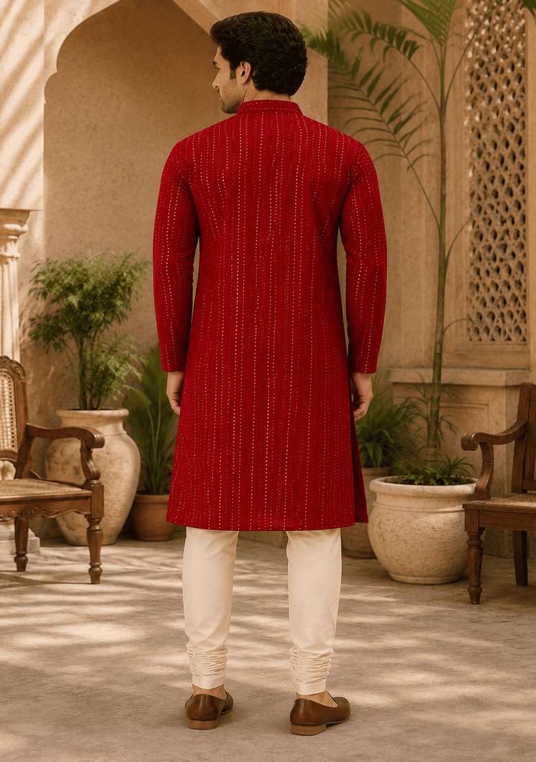 Red Embroidery Viscose Kurta For Men - Indya