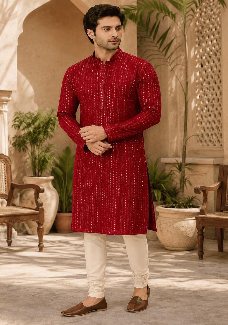 Red Embroidery Viscose Kurta For Men - Indya