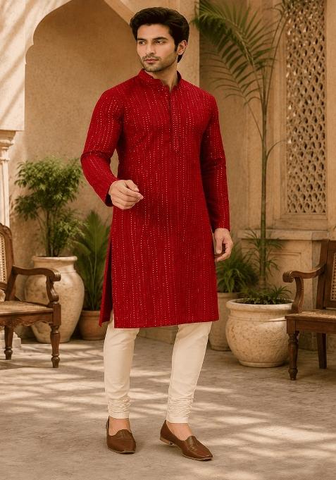 Red Embroidery Viscose Kurta For Men