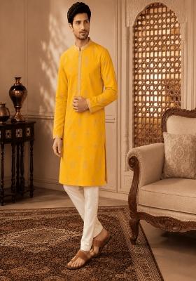 Yellow Embroidery Viscose Kurta For Men