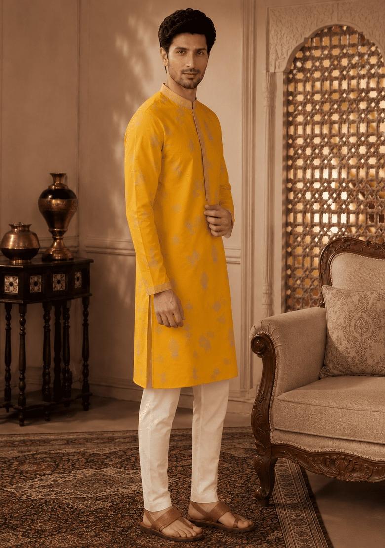 Yellow Embroidery Viscose Kurta For Men - Indya