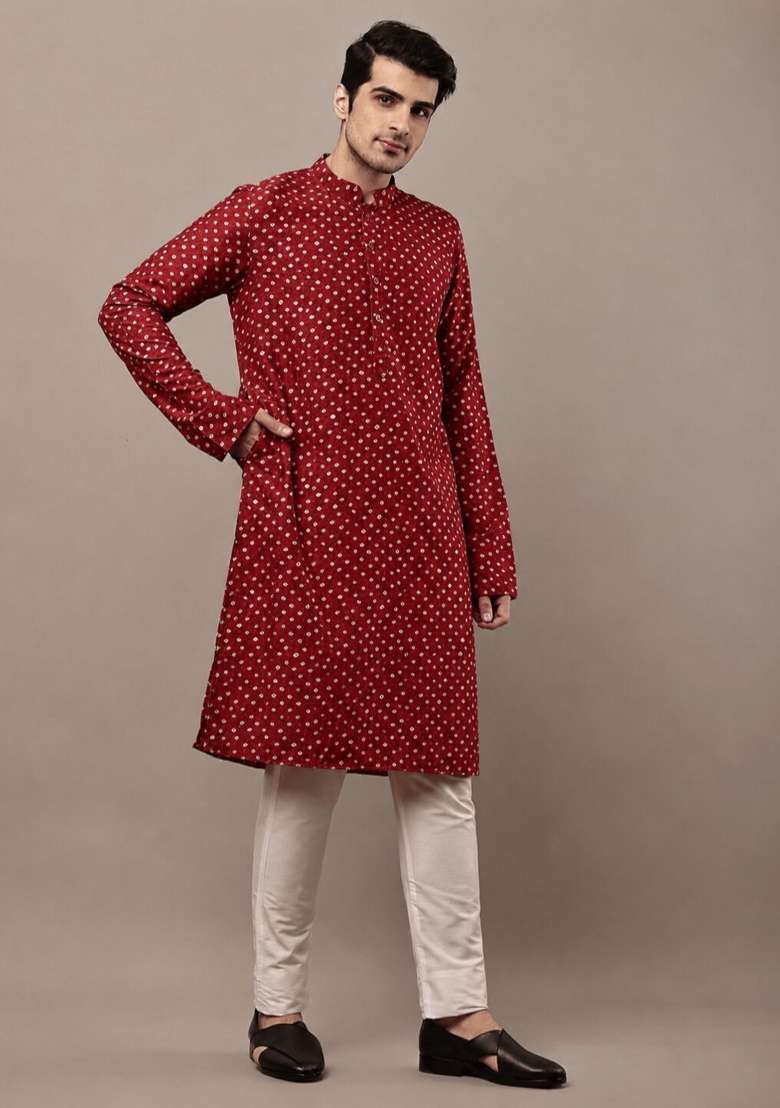 Red Printed Viscose Kurta Pyjama For Men - Indya