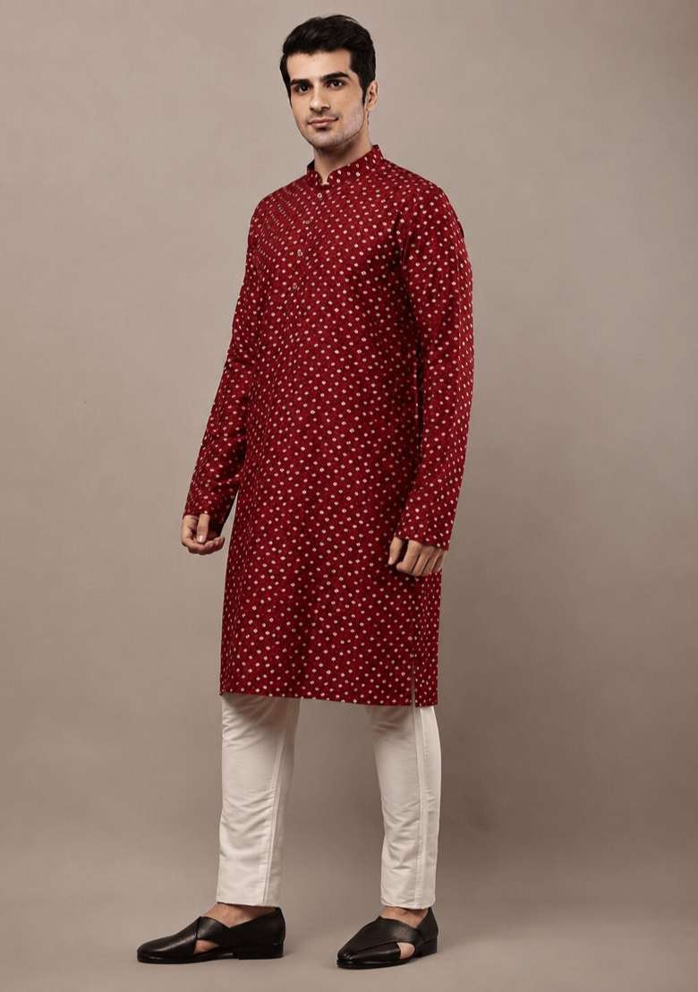 Red Printed Viscose Kurta Pyjama For Men - Indya
