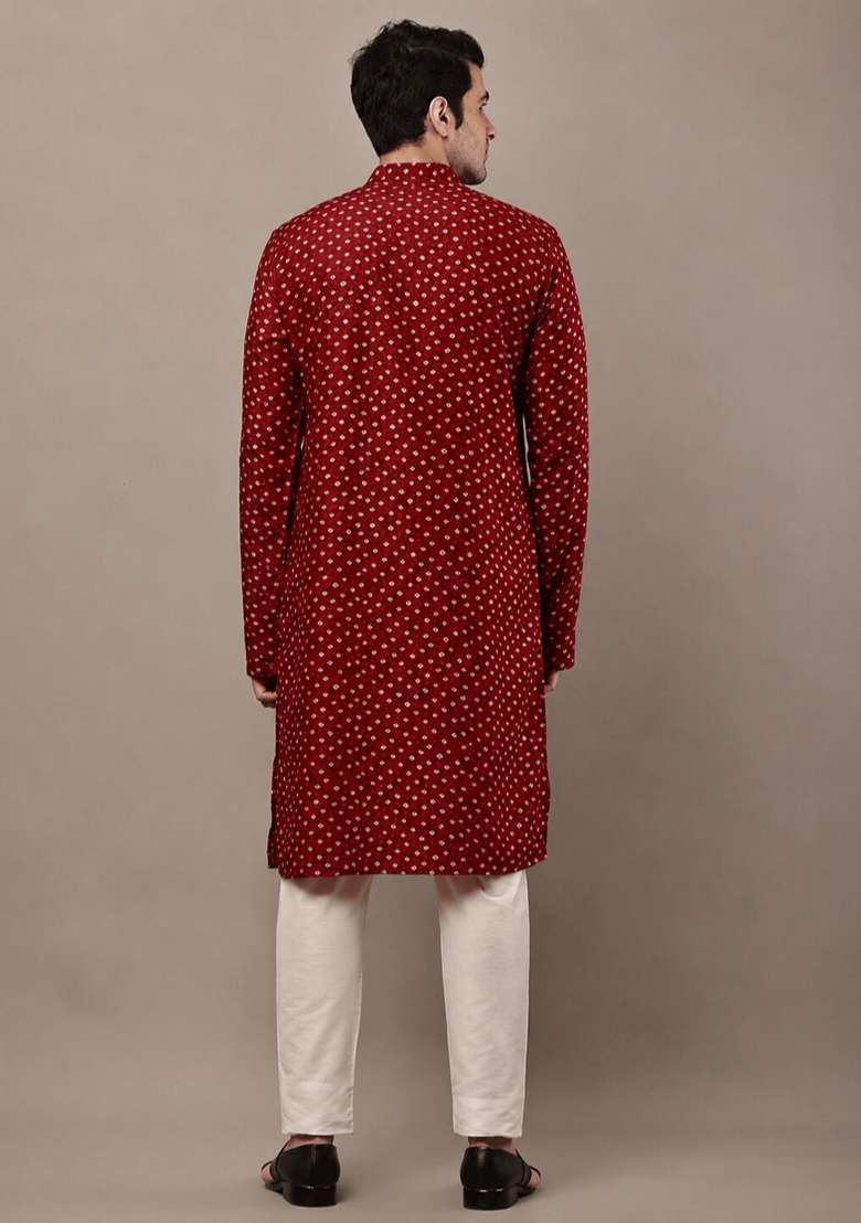 Red Printed Viscose Kurta Pyjama For Men - Indya