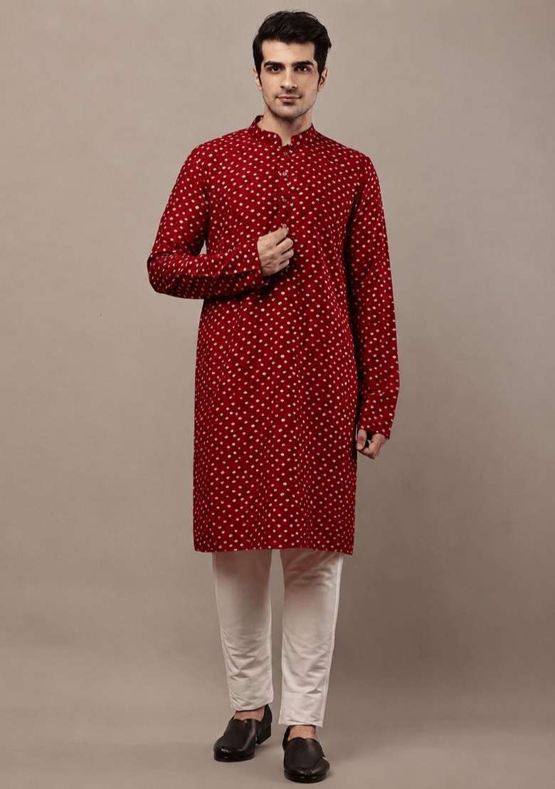 Red Printed Viscose Kurta Pyjama For Men - Indya