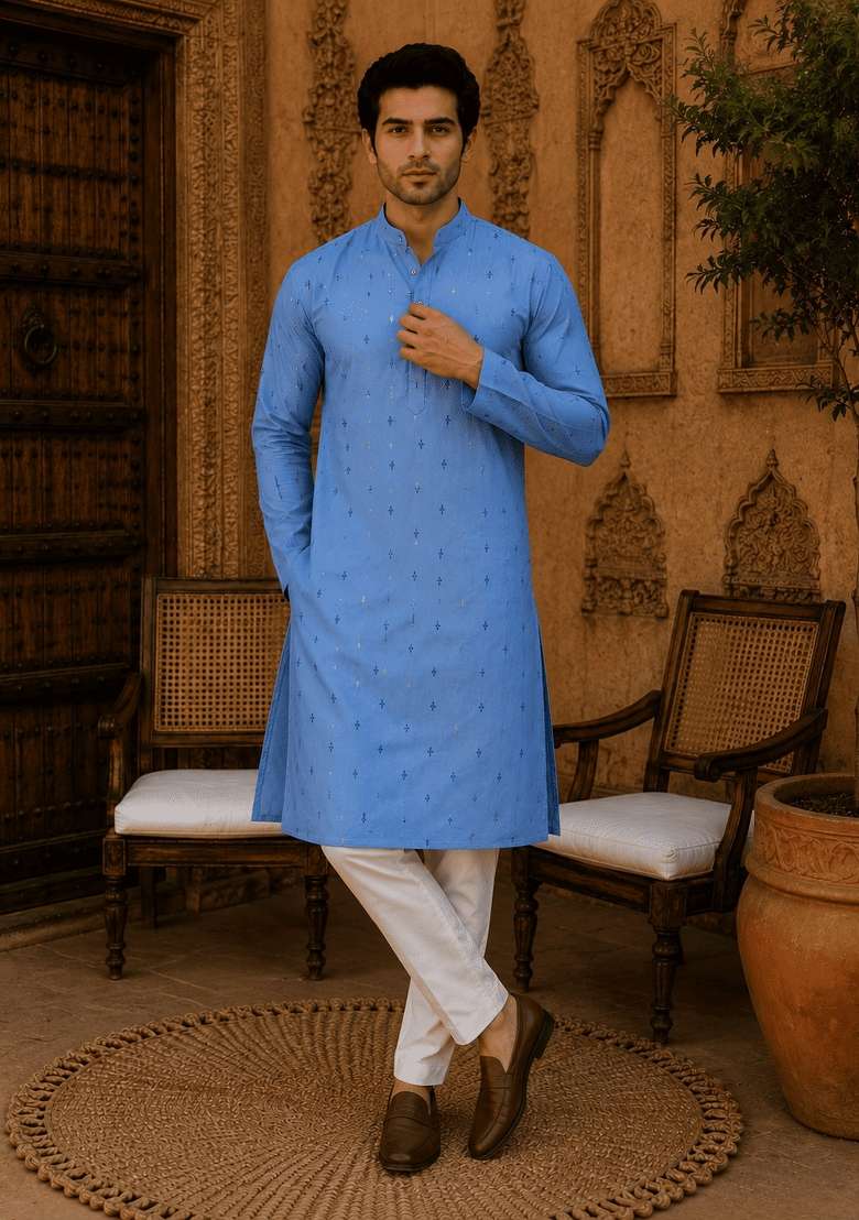 Blue Printed Viscose Kurta Pyjama For Men - Indya