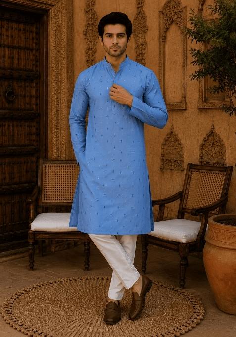 Blue Printed Viscose Kurta Pyjama For Men